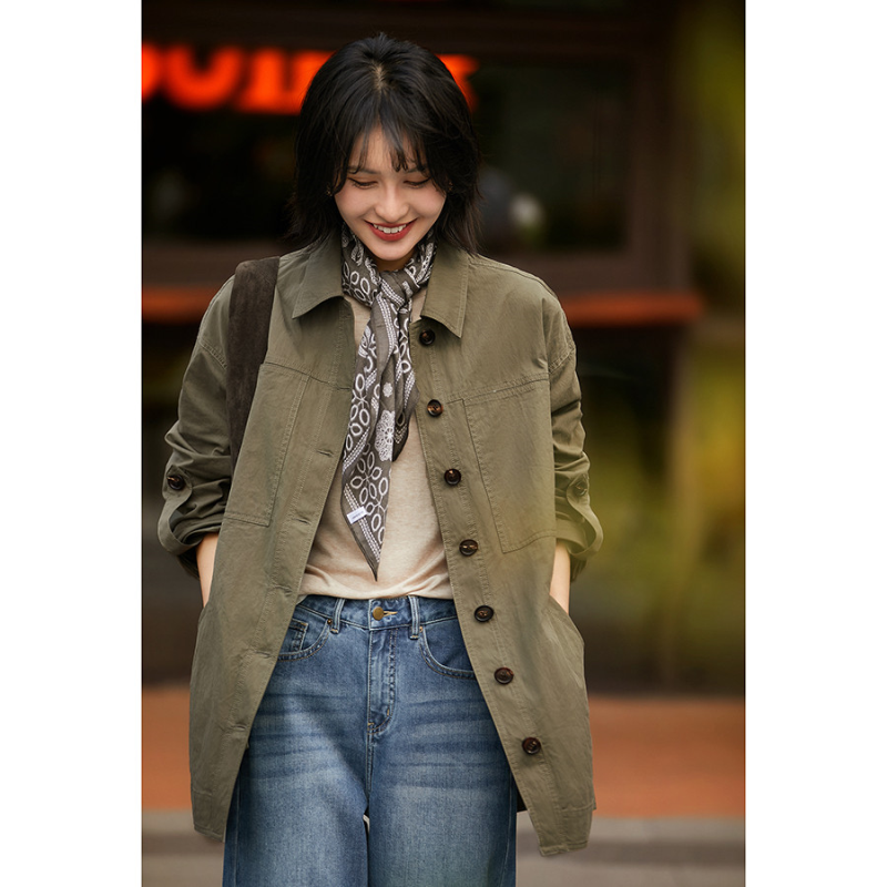 笑涵阁漫游绿境单排扣门襟橄榄绿翻领风衣休闲外套含棉风衣外套