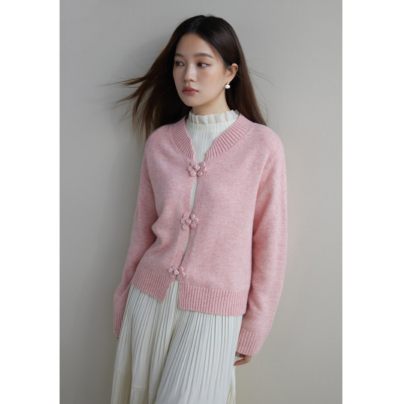 独束大码新中式甜美浪漫夹克式针织开衫秋微胖MM减龄毛衫