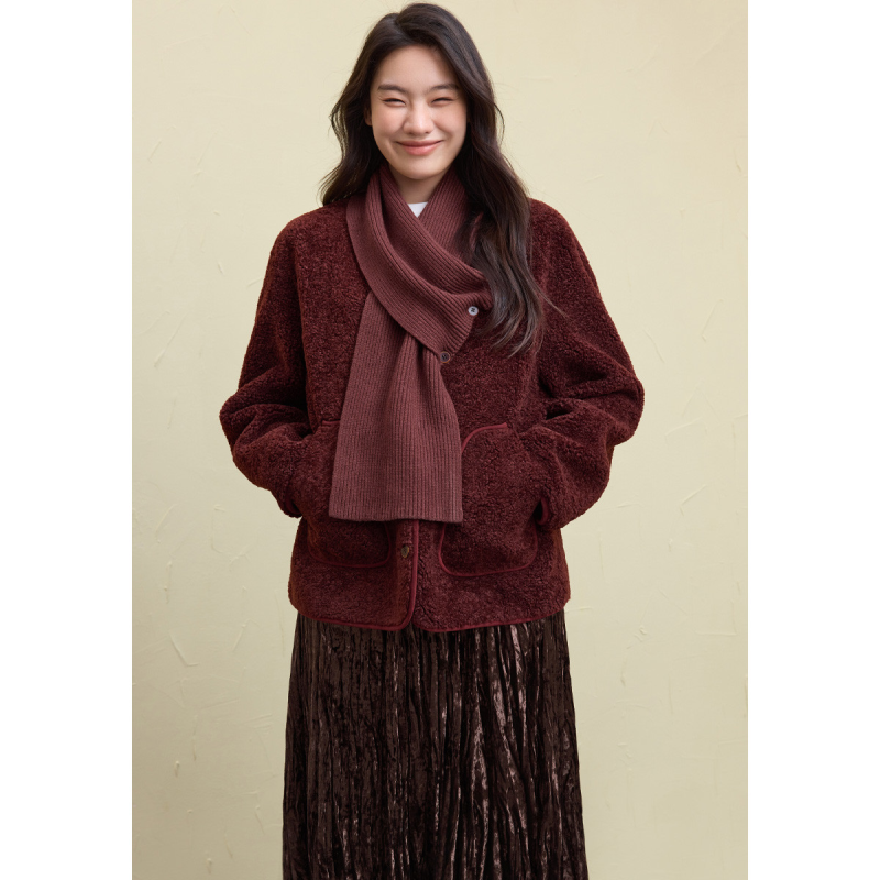 独束大码女装仿羊羔毛皮毛一体外套冬季通勤时尚围巾领外套