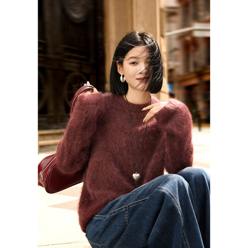 笑涵阁羊绒拉毛蓬松奢暖毛衣针织衫宽松立体直身小廓感长袖羊绒衫