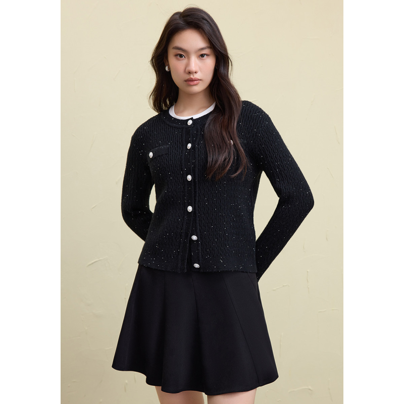 独束大码女装珠片纱针织开衫秋装圆领黑色气质针织上衣女