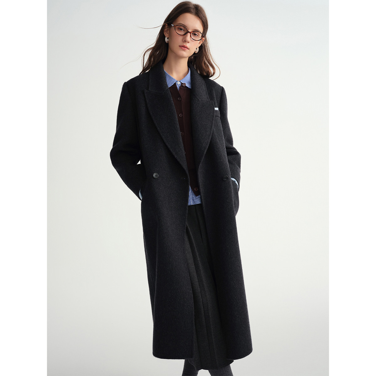 独束大码女装雾都大衣气质大翻领长款纯羊毛毛呢外套正肩直筒大衣