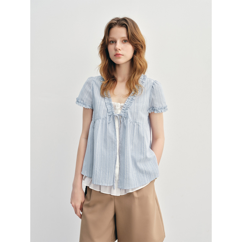 独束大码甜美温柔木耳边假两件衬衫2025年夏季胖mm拼接V领上衣