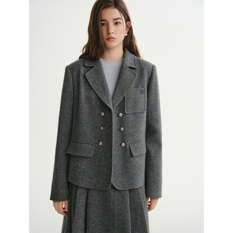 独束大码【复古学派】彩点斜纹羊毛西装穿搭显瘦外套上衣女