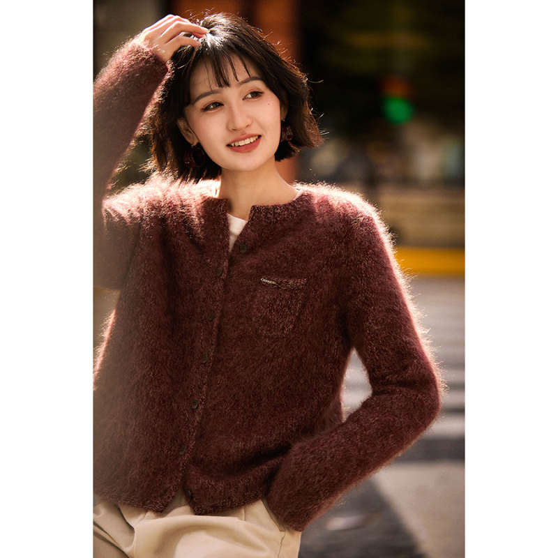 笑涵阁莫奈绒光油画花纱羊绒拉毛针织开衫羊绒衫毛衣冬