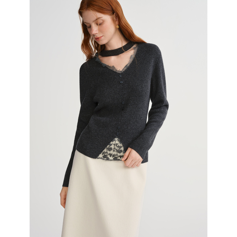 独束大码【心动序列】蕾丝拼接镂空V领针织衫女2025冬羊毛打底衫