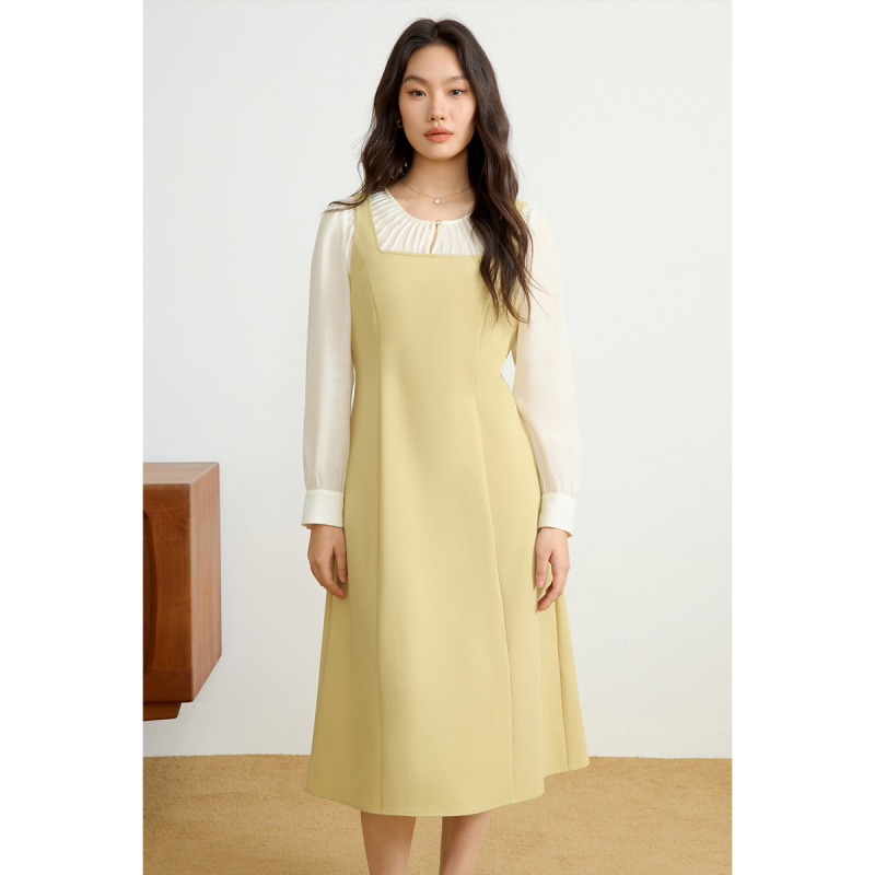 独束法式优雅假两件撞色连衣裙2025春季胖mm显瘦U领长裙子