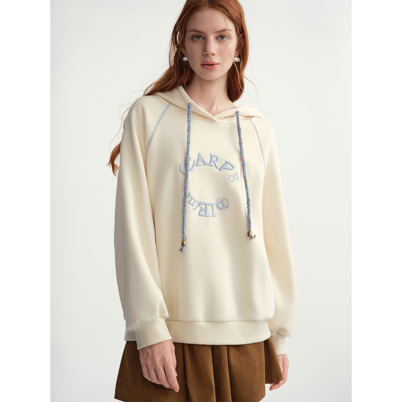 独束大码【紫米奶酪】连帽刺绣卫衣2025秋冬装女士抽绳套头上衣