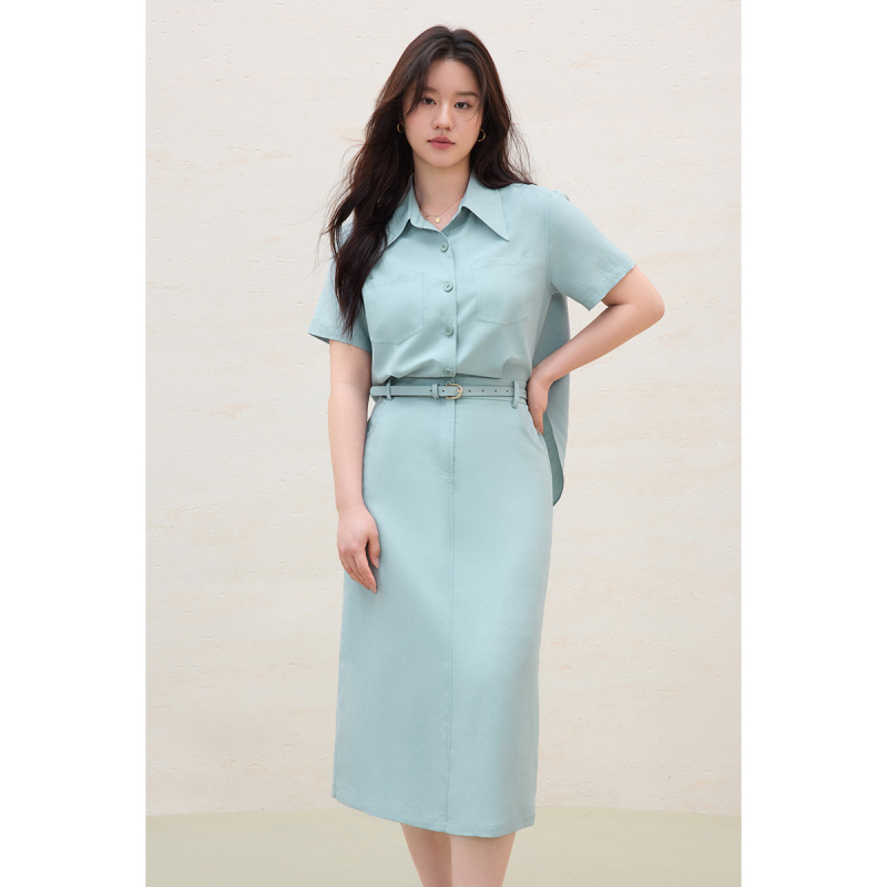 独束大码女装简约通勤假两件衬衫连衣裙2025微胖莱赛尔显瘦长裙