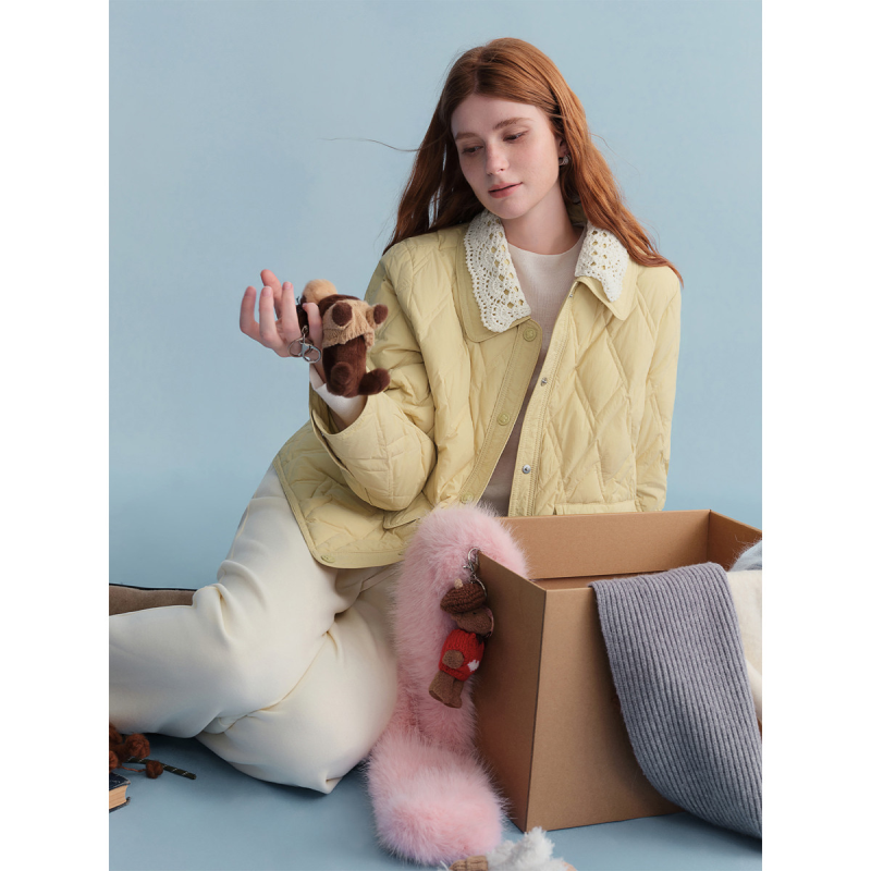 独束大码女装奶霜蛋糕钩花蕾丝领绗缝羽绒服女2025冬鸭绒短外套