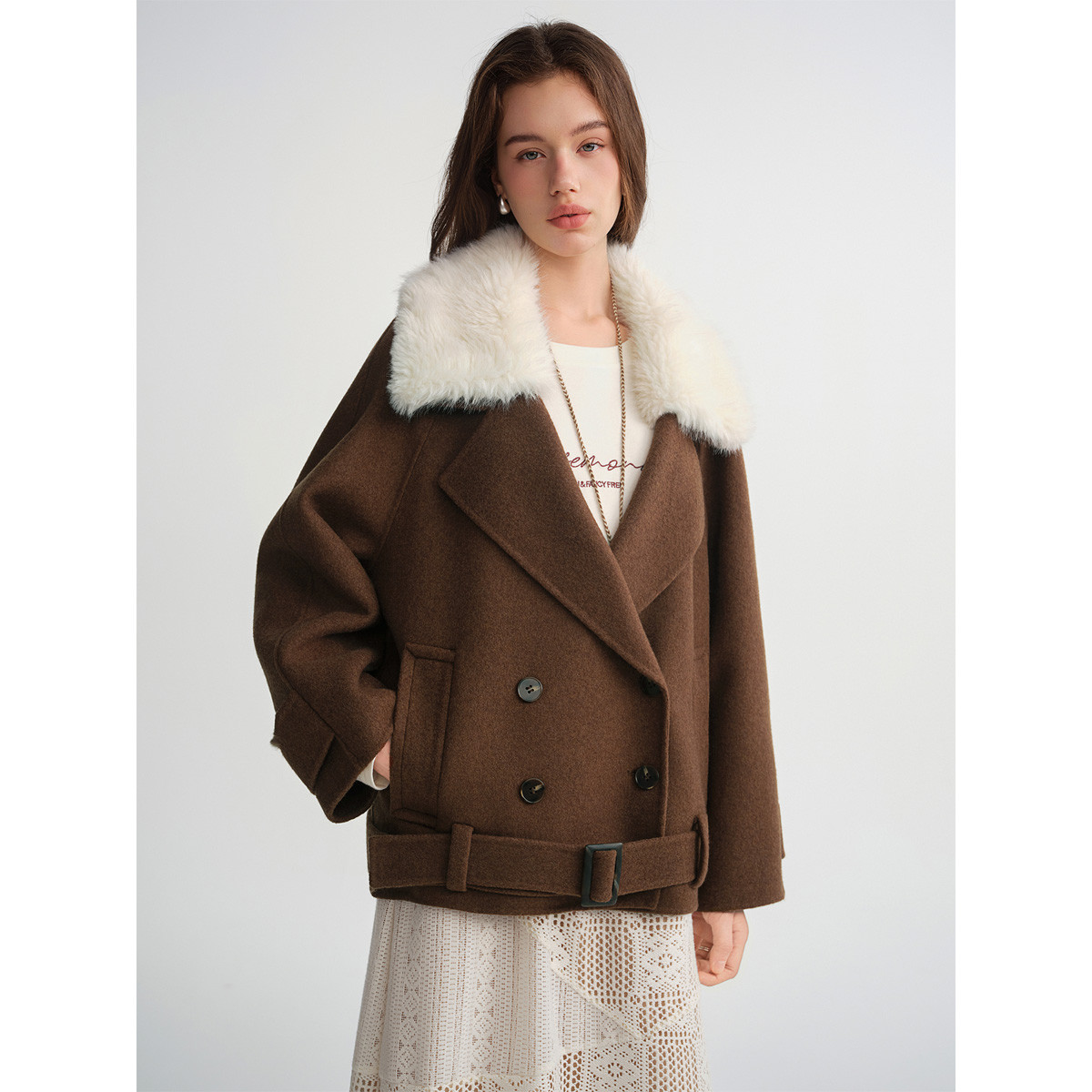 独束大码【流云摩卡】可拆卸毛领毛呢外套冬季美拉德羊毛大衣短款