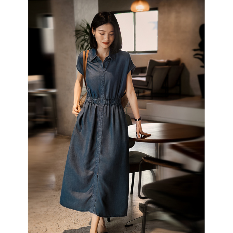 笑涵阁轻氧牛仔系列天丝松紧腰小飞袖牛仔连衣裙女夏季高级感