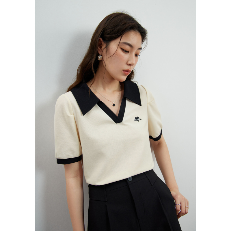 独束大码撞色Polo领T恤女夏装微胖MM穿搭短袖休闲上衣