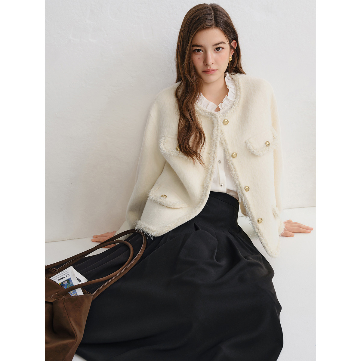 独束大码女装【绮丽香宴】毛边装饰小香风2025冬含羊驼毛呢外套