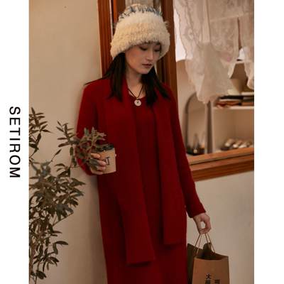 西町村屋连衣裙女冬法式慵懒感简约V领围脖针织长裙商场同款