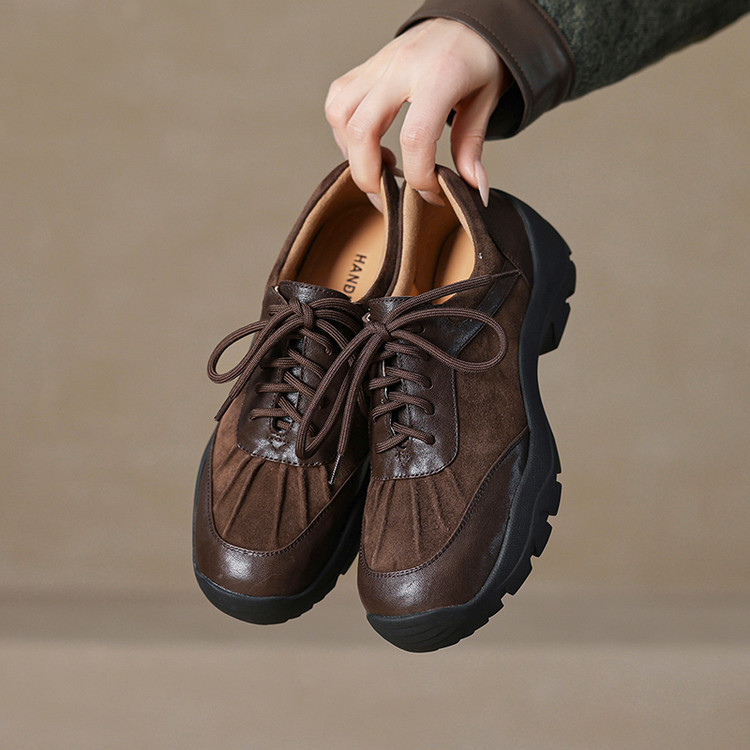 复古真皮厚底系带褶皱乐福女鞋