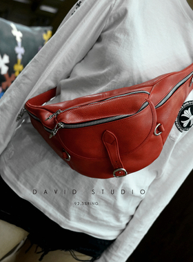 意大利进口牛皮中号艳红色925纯银饰女款潮流斜挎包单肩背包腰包