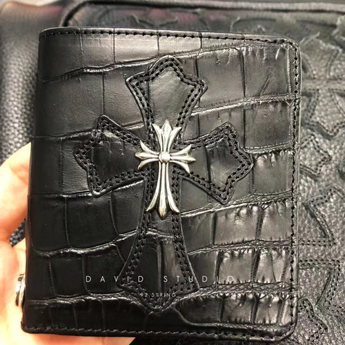 纯银十字架鱼皮真皮银饰百搭钱包