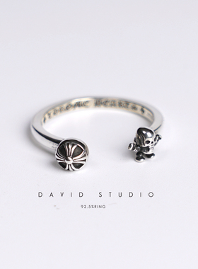 david 定制S925纯银十字珠刻字骷髅女款尾戒指 女款做旧百搭指环