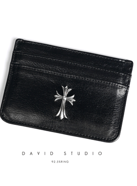 david定制S925纯银十字架做旧真皮卡包 男女款ins网红推荐卡套