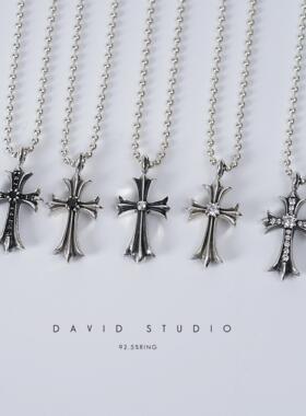 David studio925纯银 手工镶钻黑钻十字架 男女款项链 坠子潮饰品