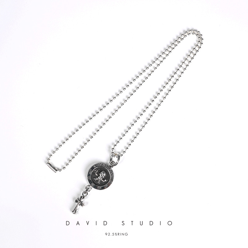 david纯银925纯银十字架吊坠项链 骷髅元素做旧情侣女款项链图片