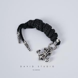 David studio925纯银进口皮绳项链童军花船锚吊坠DC同款潮流项链