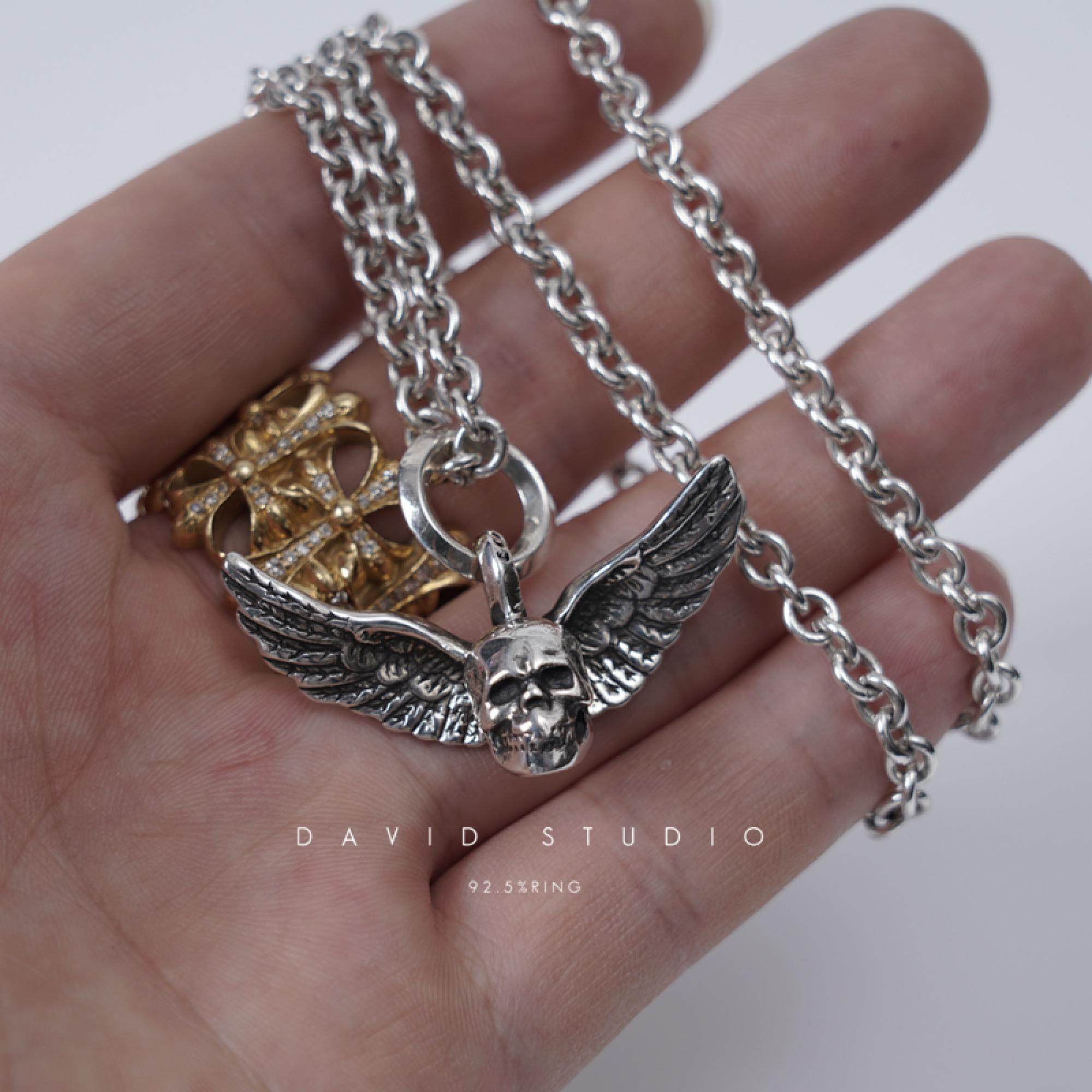 David studio925纯银天使骷髅头翅膀做旧粗项链 男女款时尚坠子潮