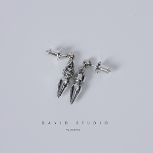 David studio925纯银 子弹头小耳坠环钉 男女同款GD潮流饰品做旧