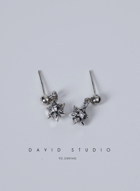 David studio925纯银 星星镶钻耳钉耳环耳坠 做旧时尚潮流