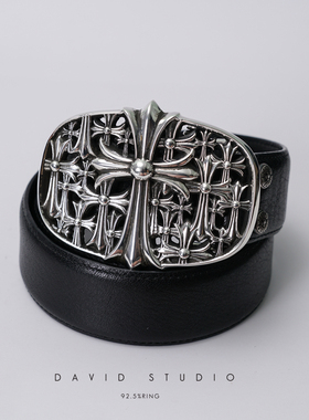 David studio925纯银重叠多十字架超大朋克机车皮带扣头层牛皮潮