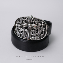 David studio925纯银重叠多十字架超大朋克机车皮带扣头层牛皮潮