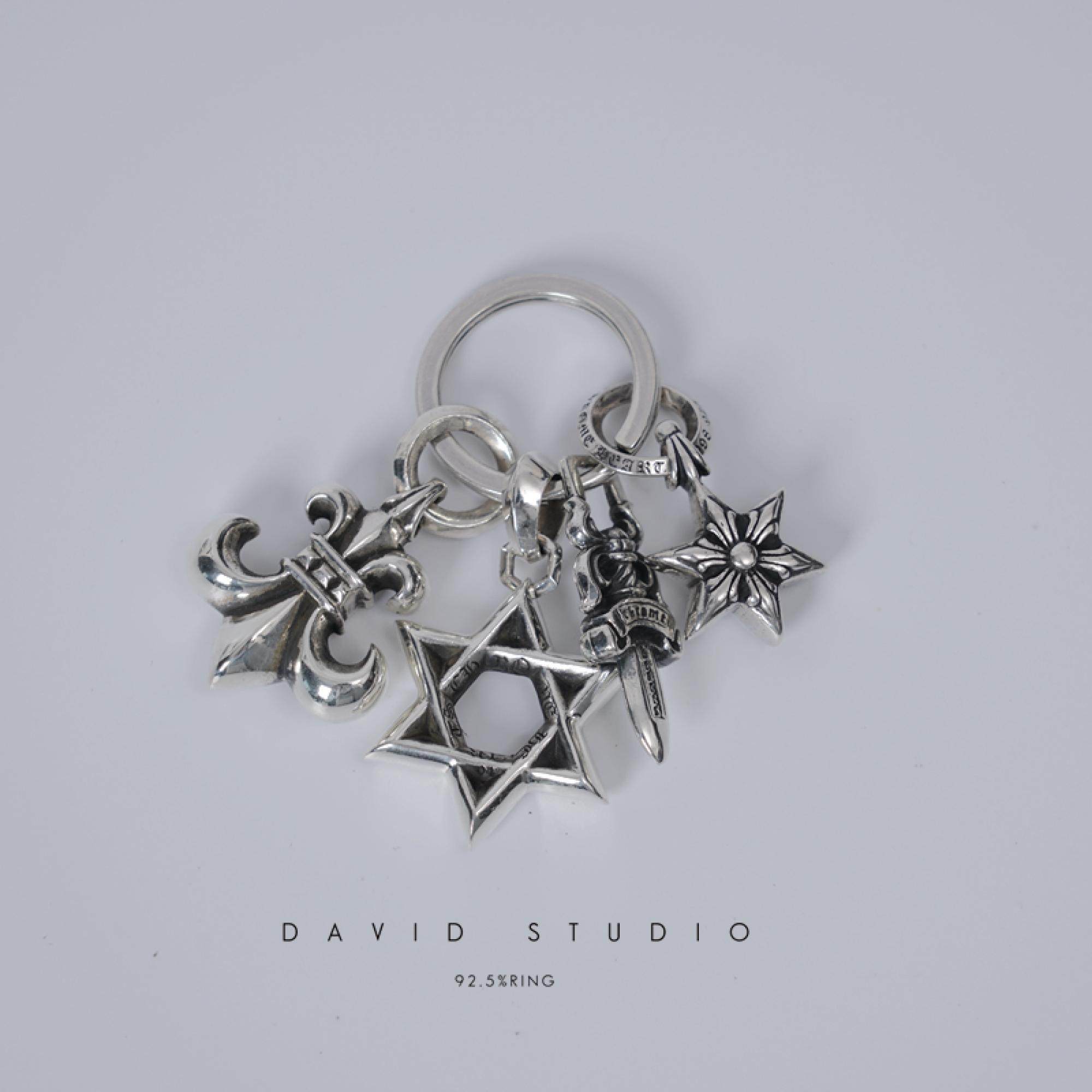 David studio925纯银六芒星船锚童军花大宝剑机车复古做旧情侣款