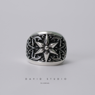 GD同款 David 罗志祥 戒指 指环 studio925纯银手工六芒星宽面男款