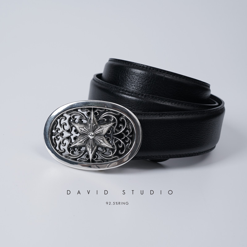 David studio925纯银 六芒星椭圆牛皮真皮 男腰带皮带扣 潮流做旧