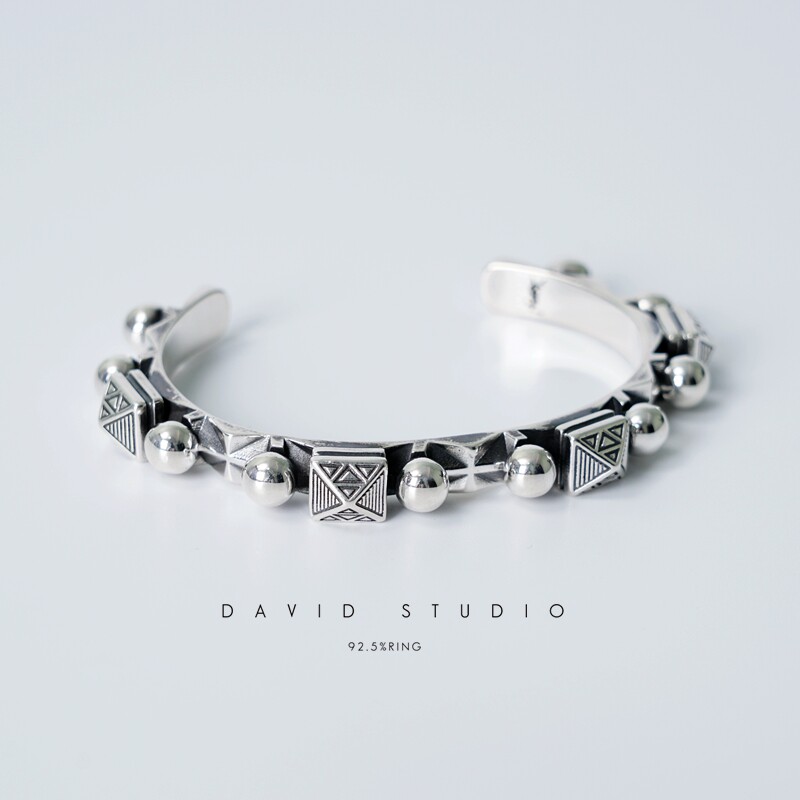 David studio 925纯银圆珠菱形开口情侣手镯 男女士朋克手镯