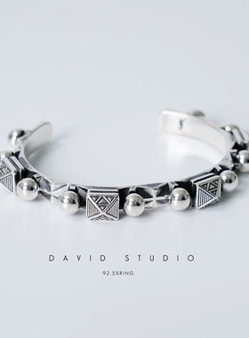 纯银菱形开口情侣朋克风手镯