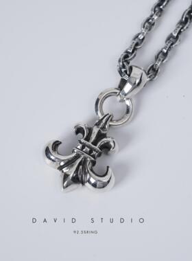 David studio925纯银船锚童军花吊坠刻字环形项链纯手工潮流情侣