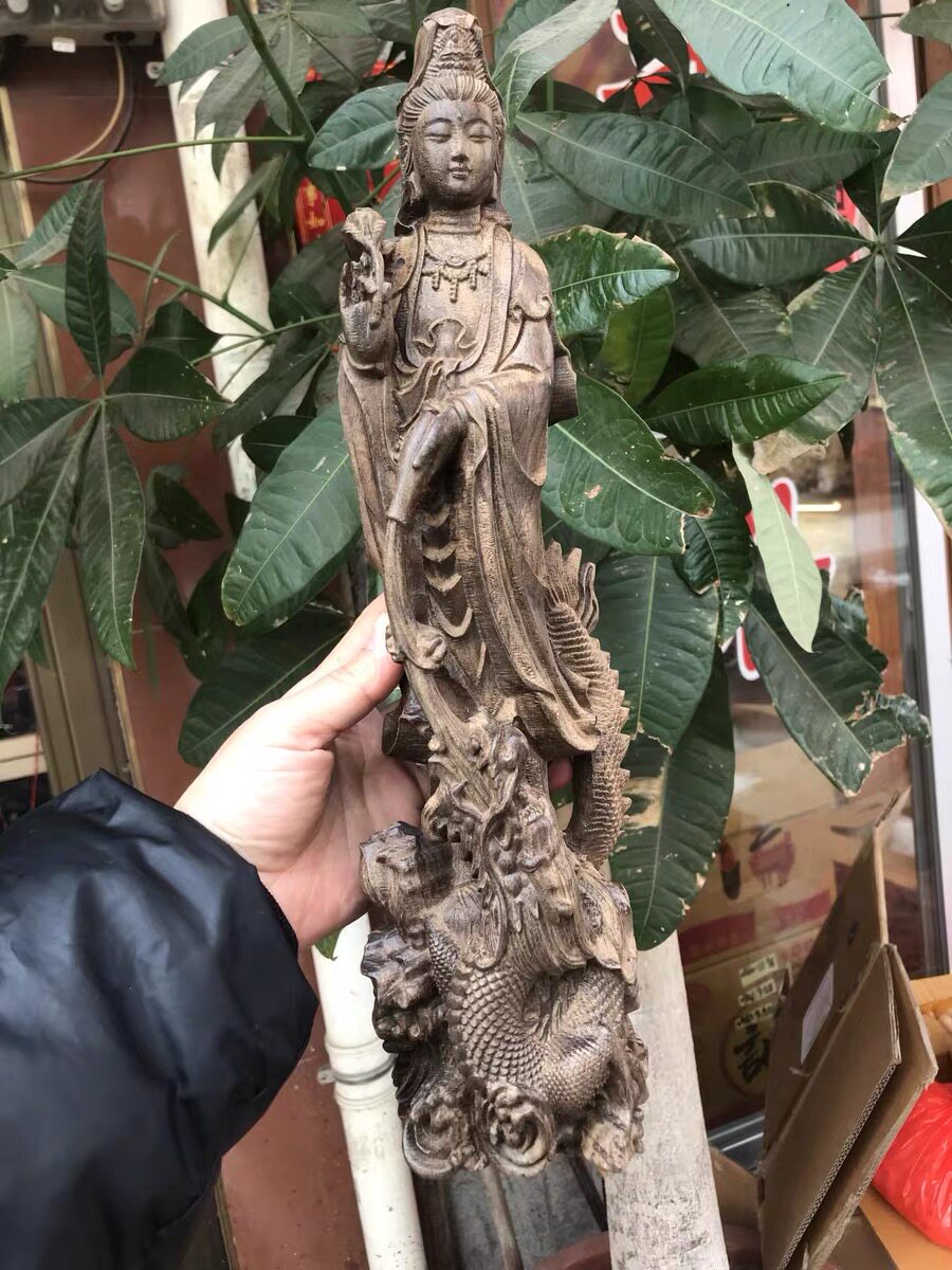 越南沉香木雕御龙观音菩萨佛像摆件实木质南海观音家用供奉工艺品