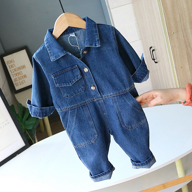 韩版儿童工装连体衣宝宝爬服男女童牛仔套哈衣2024春秋装童装潮童