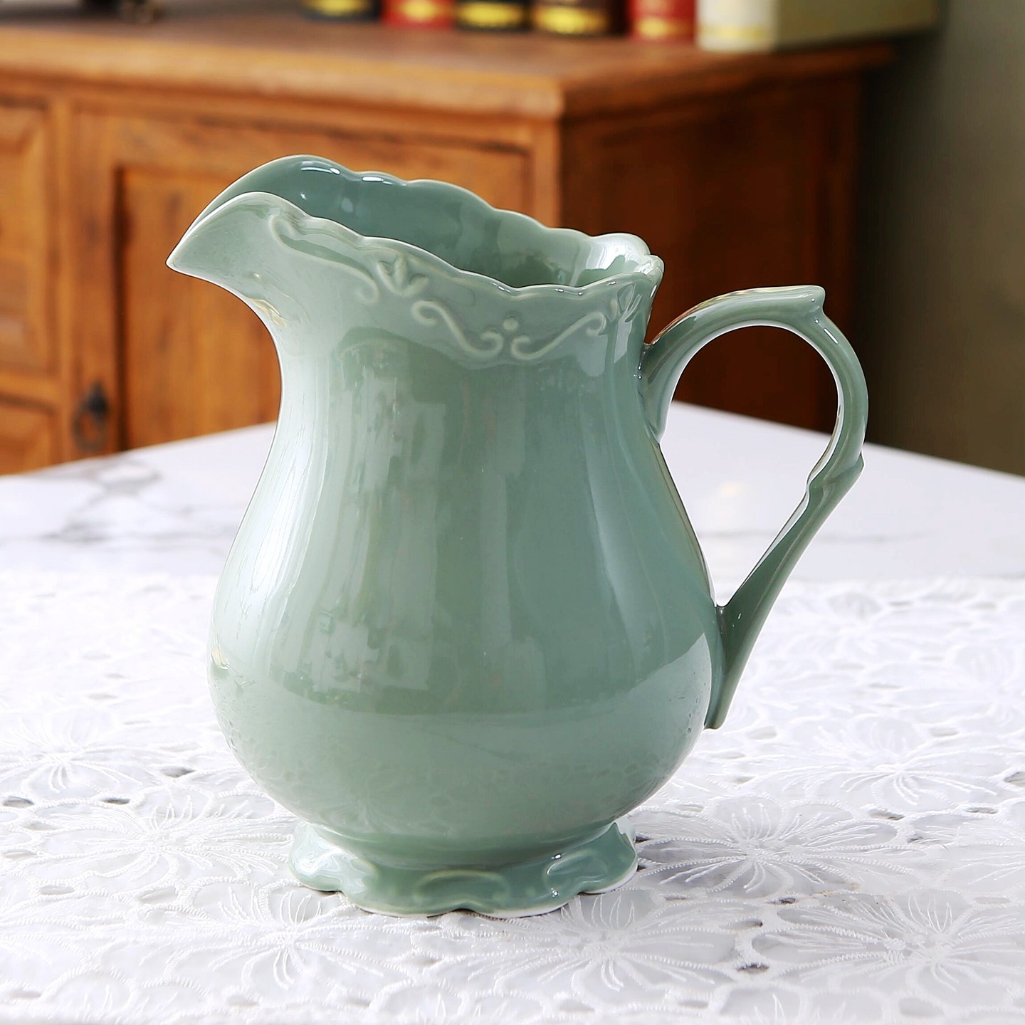 复古陶瓷奶罐绿色雕花大容量家居装饰水壶欧式风格水培花瓶 瑕疵,餐饮具,奶罐,淘宝优惠券,粉丝福利购,淘宝优惠卷