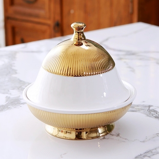 轻奢北欧风格陶瓷带盖西餐盘镀金白色条纹西式甜品海参鲍鱼盘瑕疵