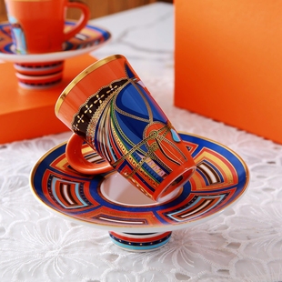 饰茶杯礼品装 陶瓷咖啡杯碟爱玛橙色金边图案装 2杯2碟礼盒套装 欧式