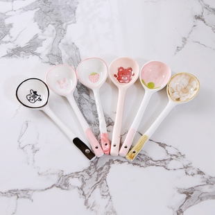 欧式手绘陶瓷卡通勺水果调羹手工工艺陶瓷 长勺果汁搅拌勺 瑕疵