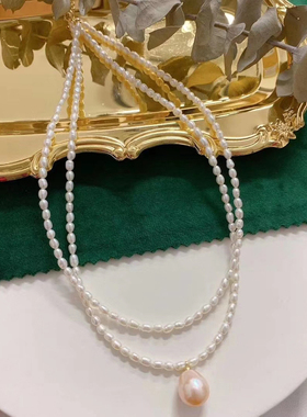 淡水真珍珠项链吊坠双层多层3-4MM小米珠白色8-9MM粉橙色吊坠女