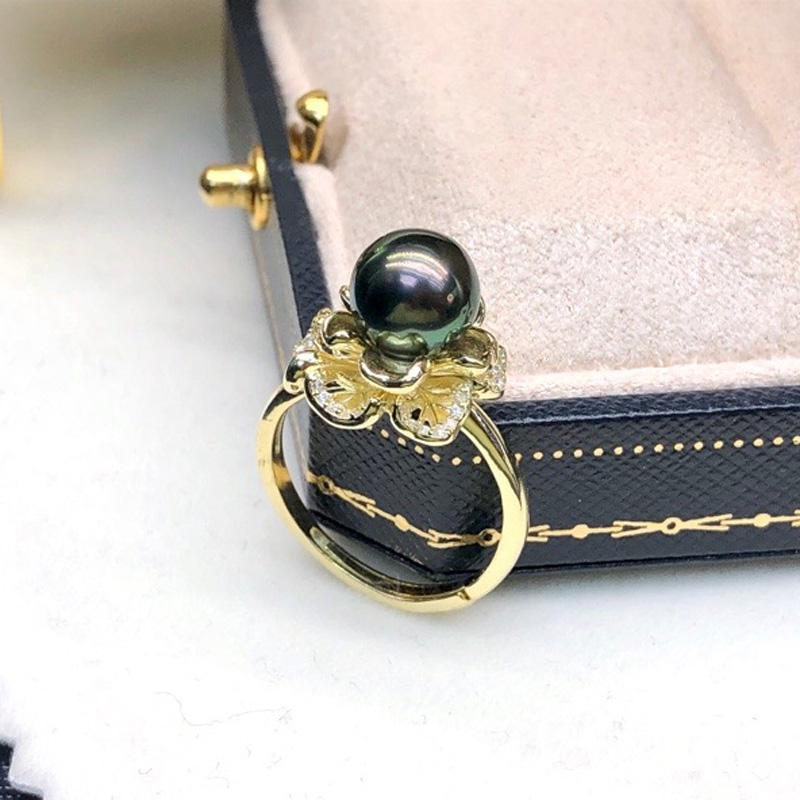 10-11-12正品强光花朵黑珍珠戒指