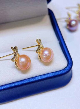 淡水真珍珠耳环耳钉耳饰9-10MM正品强光白色紫色橙色14K注金礼物