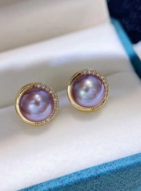 淡水真珍珠耳环耳钉耳饰10-11MM正品强光白色紫色橙色送女友礼物