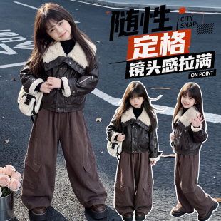 女童加厚外套秋冬装休闲新款韩版洋气中大童加绒皮草女孩皮衣PU潮