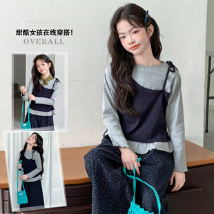 女童春季套装2026新款儿童假两件长袖T恤女大童印花纯棉裙裤春装